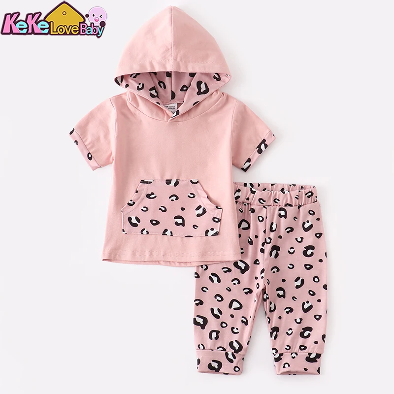 2Pcs Baby Girl Clothing Sets Newborn Summer Clothes Pink Leopard Hooded Tops Cropped Pants For Toddler New born Infant Outfits