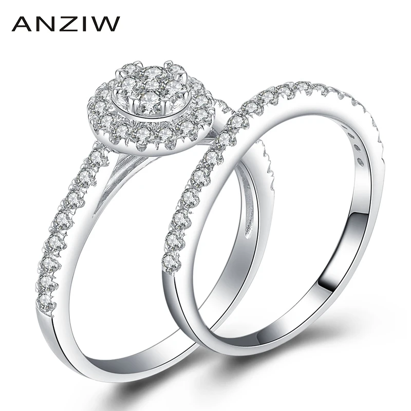 

ANZIW 925 пробы серебро 2 шт. Обручение свадебные кольца наборы для ухода за кожей Сона круглой огранки Свадебные юбилейный Свадебный кольцо наб...