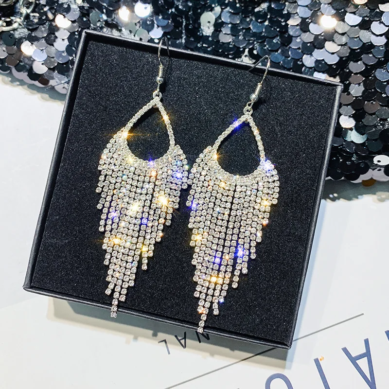 

USTAR Long Tassel Geometric Drop Earrings for Women Full Rhinestone Crystal Dangle Earring Statement Wedding Jewelry Bijoux