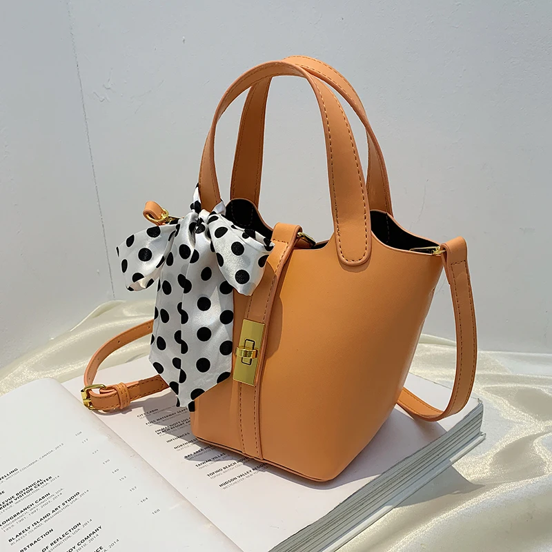

2021 New PU Leather Shoulder Handbag Basket Bag Fashionable Versatile Bucket Bag Silk Scarf Large Capacity Women Bag