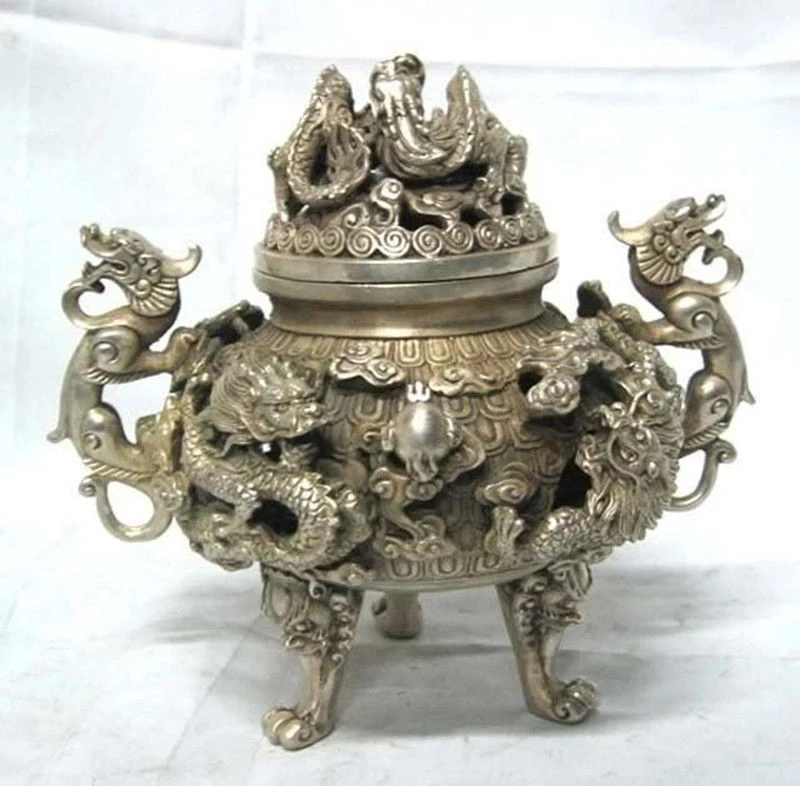 

Details about preeminent Tibet silvered nine dragon censer
