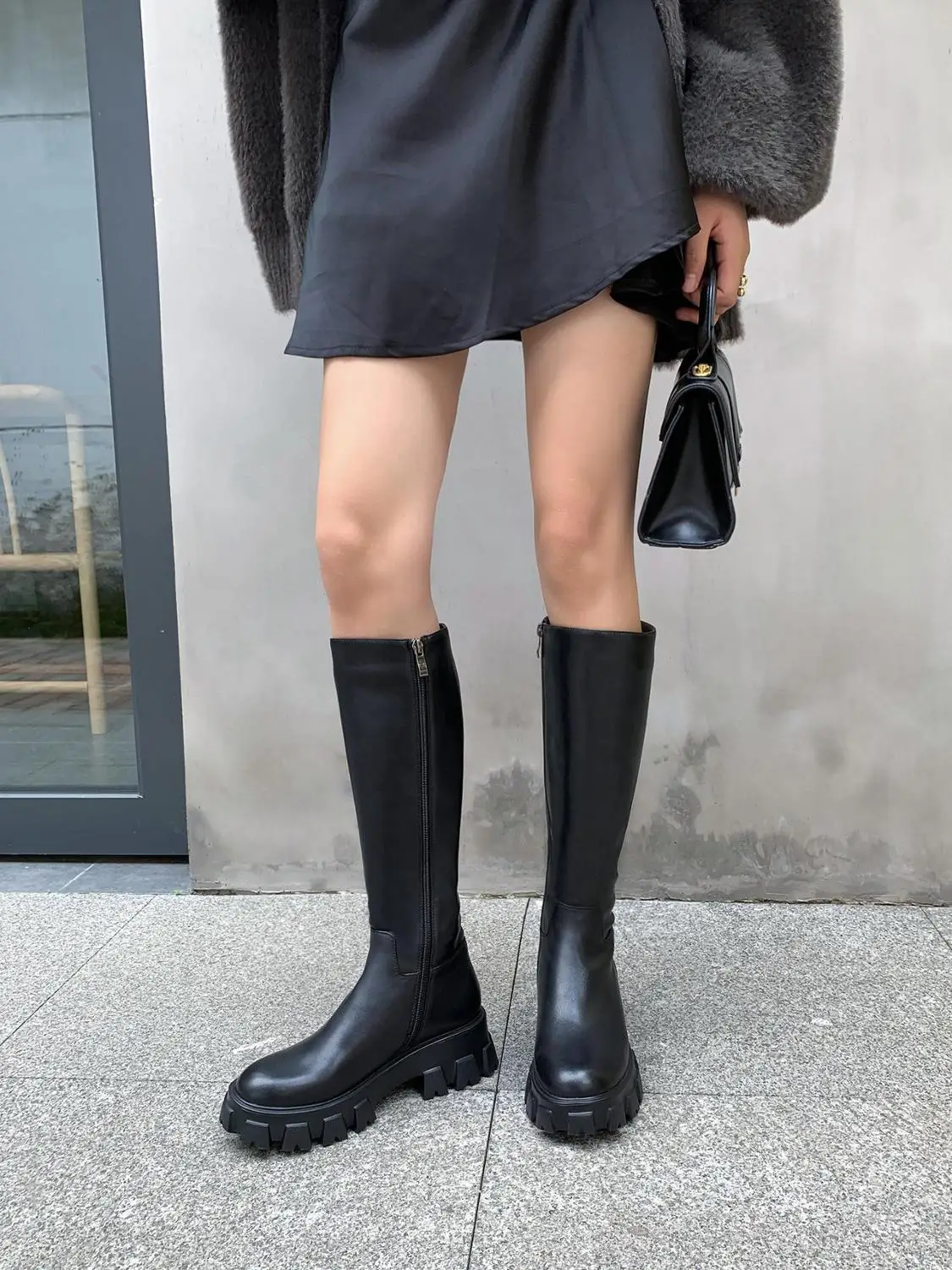 

Lenkisen riding boots real leather platform superstar round toe thick high heel zipper beauty lady nightclub knee-high boots L31