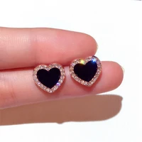 engagement enamel cute heart stud earrings for women girls rose gold color summer jewelry black earring wedding jewelry gifts
