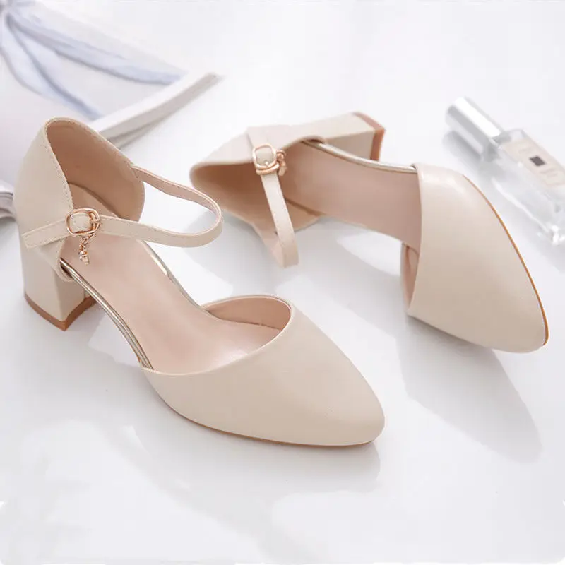 2023 Spring New Single Shoes,Block Mid Heels,Women Pumps,Ankle Strap Buckle,Pointed Toe,Footware for Office Lady Beige,Apricot