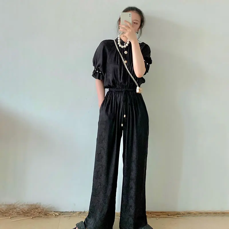 

XITAO Pleated Solid Single Breasted Jumpsuits 2021 Summer New Personality Vintage Stand Collar Short Sleeve Jumpsuits CLL1199