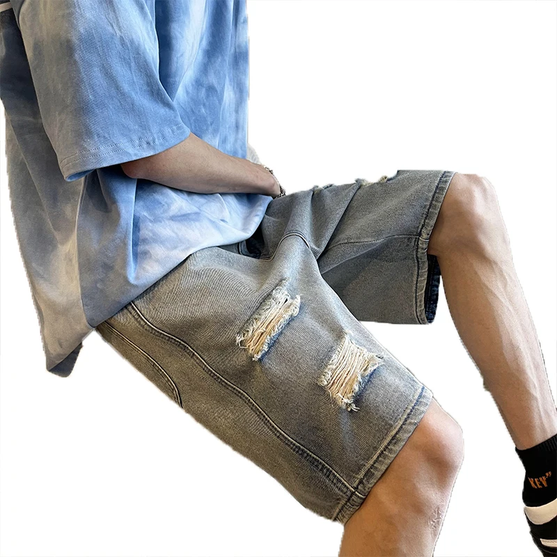 

2021 summer new style men's retro ripped short jeans street clothing slim denim shorts men's fashion brand clothes