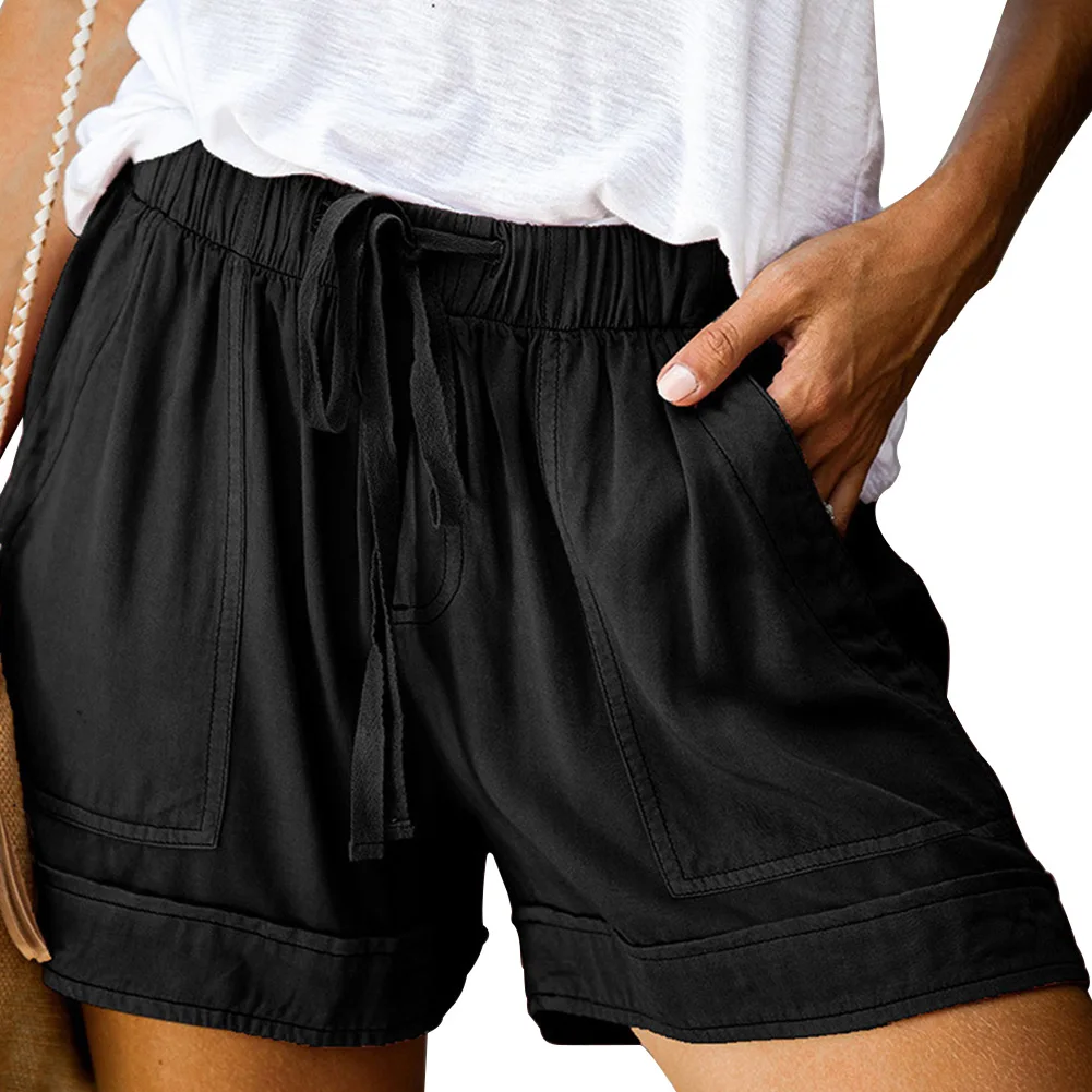 

Elastic Waist Wide Leg Fashion Workout With Pockets Solid Streetwear Drawstring Polyester Women Shorts Summer Casual Beach Loose