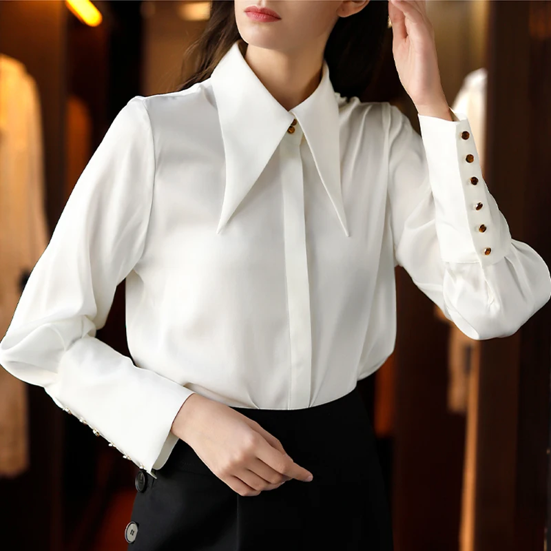 

22 Momme Heavy-weight Women's White Black Shirt Elegant Turn-down Collar Long Sleeve Spring Autumn Office Lady Solid Blouse Tops