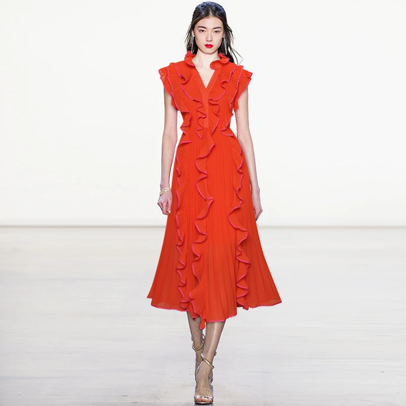 

V-neck Short-sleeved Ruffled Waist Pleated Temperament Chiffon Dress 2021 Summer New Dress for Women