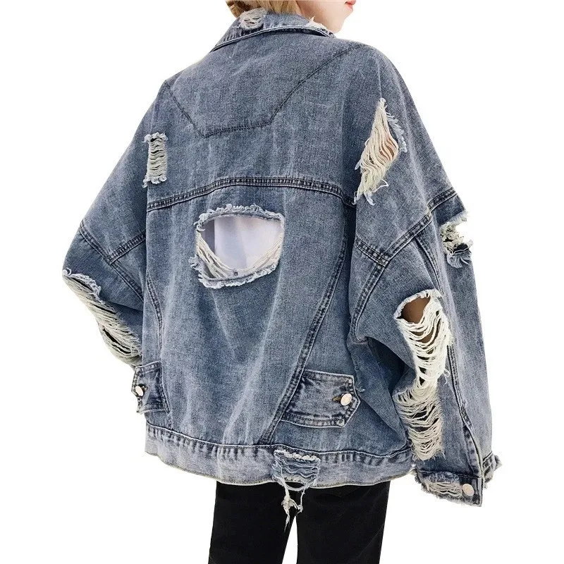 

Female Frayed Spring Outerwear Jacket Bomber Loose Blue Coat Women Korean Jacket Autumn Hole Denim Denim Women Hole Denim Jacke