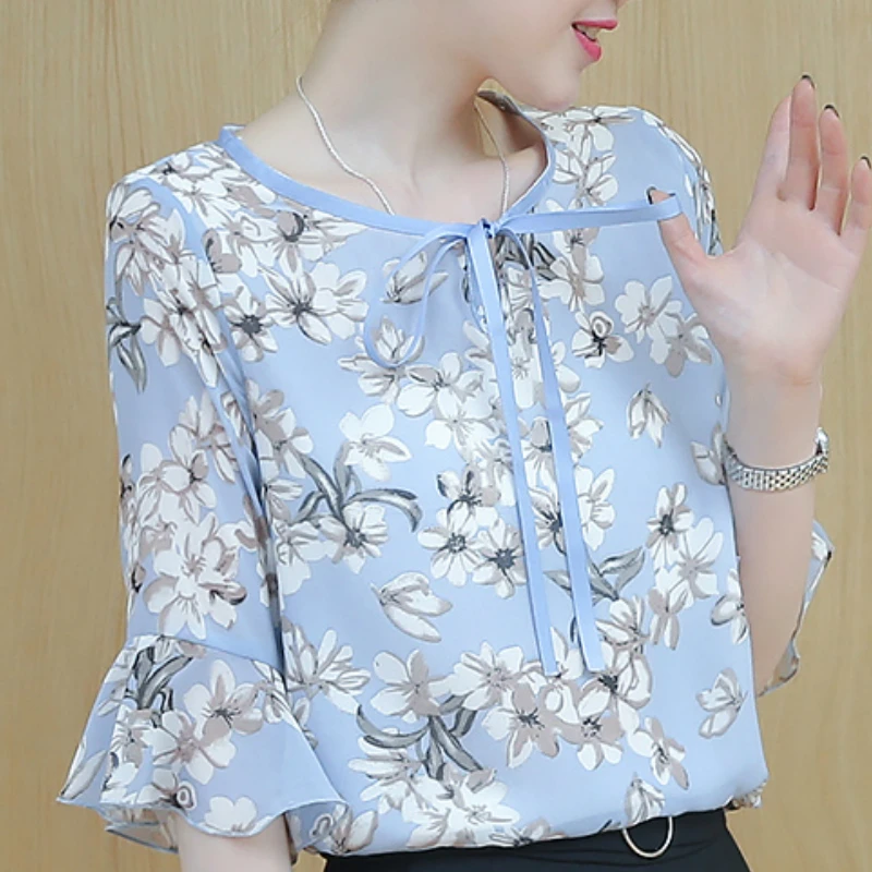 

Blusas Mujer De Moda 2021 Flare Sleeve Summer Blouse Women O-neck Print Chiffon Blouse Shirt Tops Womens Tops And Blouses