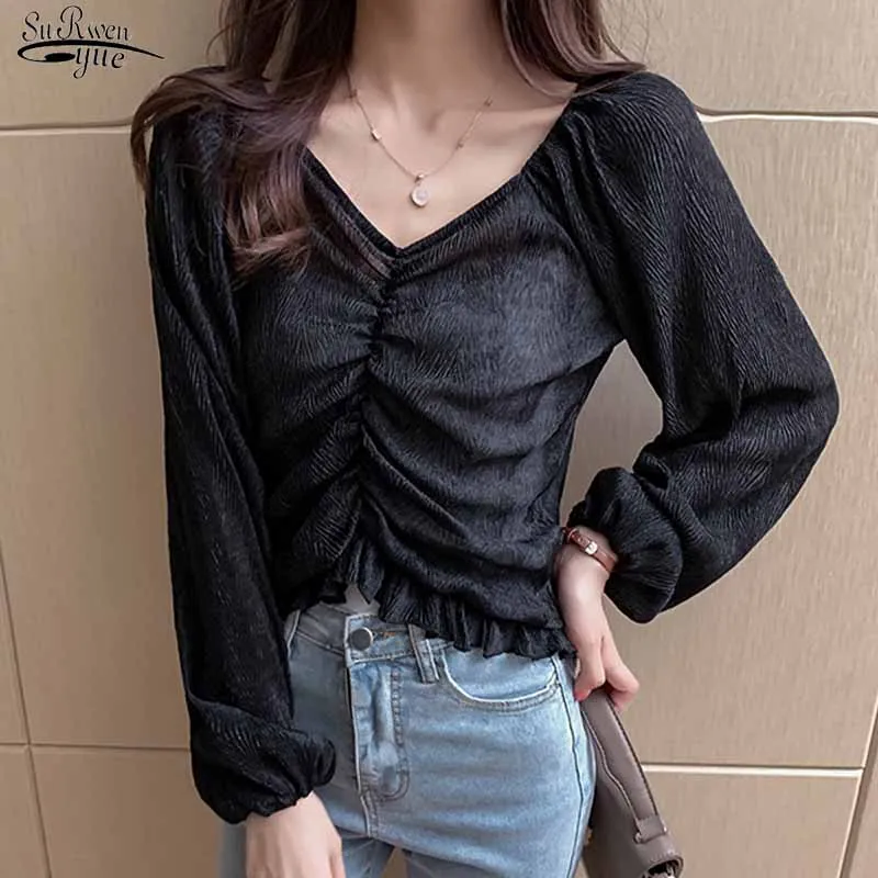 

V-neck Folds Ruffled Solid Black Plus Size Long-sleeved Blouses Women Autumn Vintage GentleBottoming Slim Pullover Shirt 11707