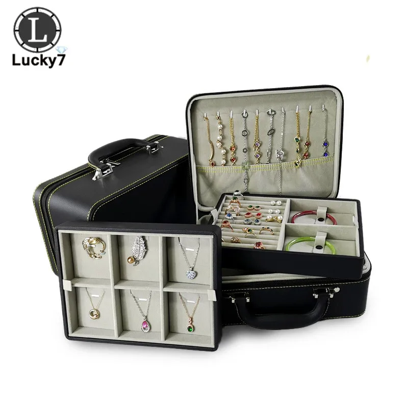 

PU 3 Layers Jewelry Organizer Case Large Capacity Black Makeup Box With Zipper Earring Necklace Ring Travel Jewelry Hand Case