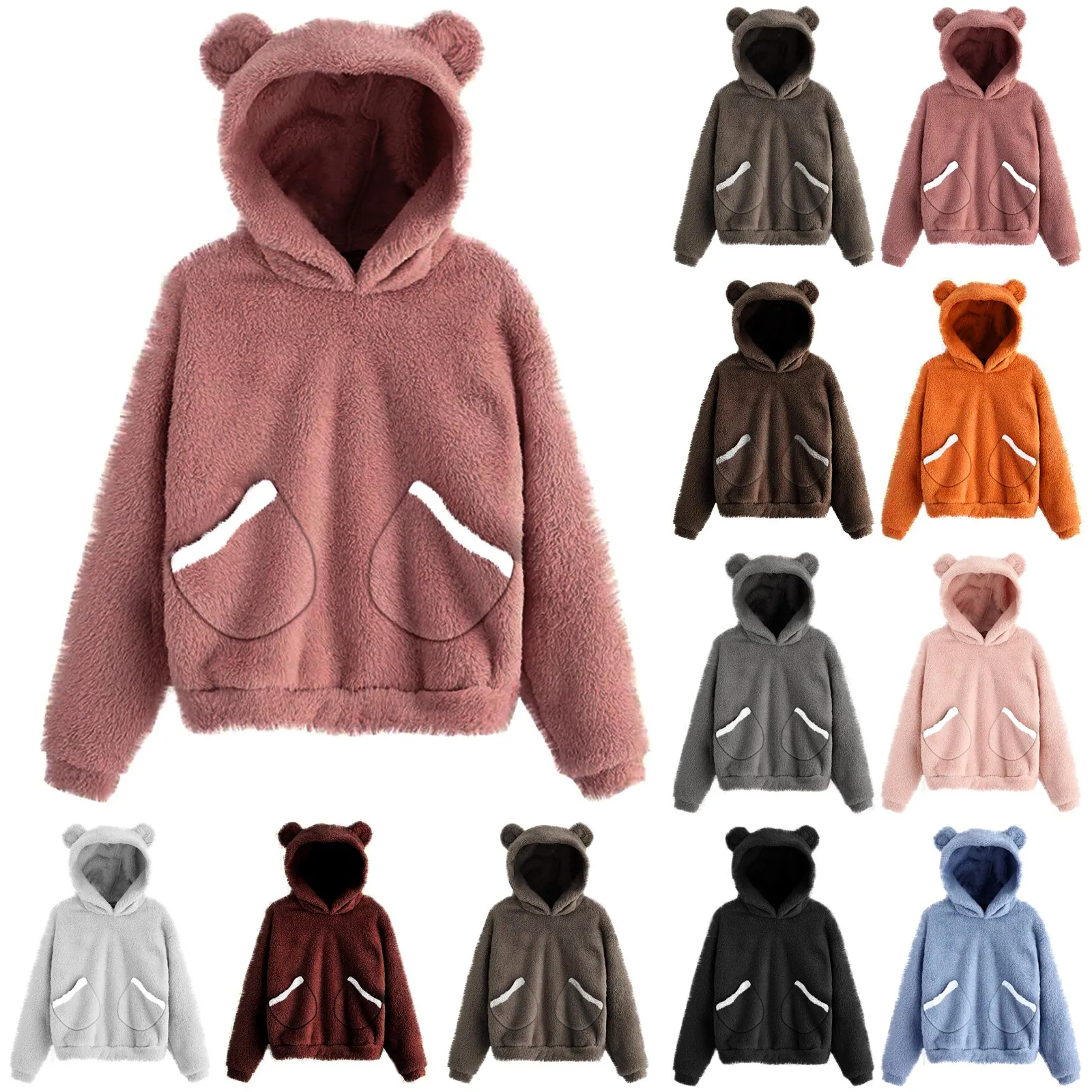 

Новинка, Женская флисовая толстовка с длинным рукавом, теплая пушистая Толстовка в форме медведя, пуловер с карманами в стиле Харадзюку, осе...