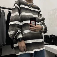 spring retro gradient black gray striped mens t shirt oversize loose long sleeved bottoming clothes hip hop casual funny tops