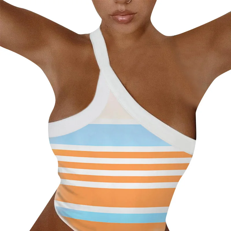 

Elegant Women Backless Slim Short Shirts Sexy One Shoulder Halter Lady Blouse Shirt Summer Patchwork Sleeveless Crop Tops Blusas