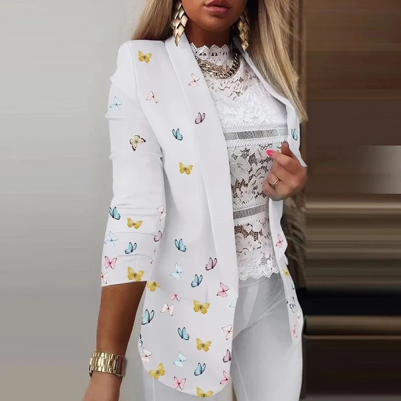

2022 New Women Turn-Down Collar Full Sleeve Coats Spring Printing Cardigan Blazers Fashion Elegant Streetwear Suit Dropshipping