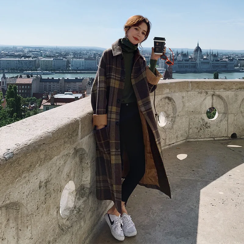 Шерстяное клетчатое пальто для фотосессии, женское, средней длины, зима, стиль, корейский стиль, модное, элегантное, свободное, Дафлкот, модное пальто
