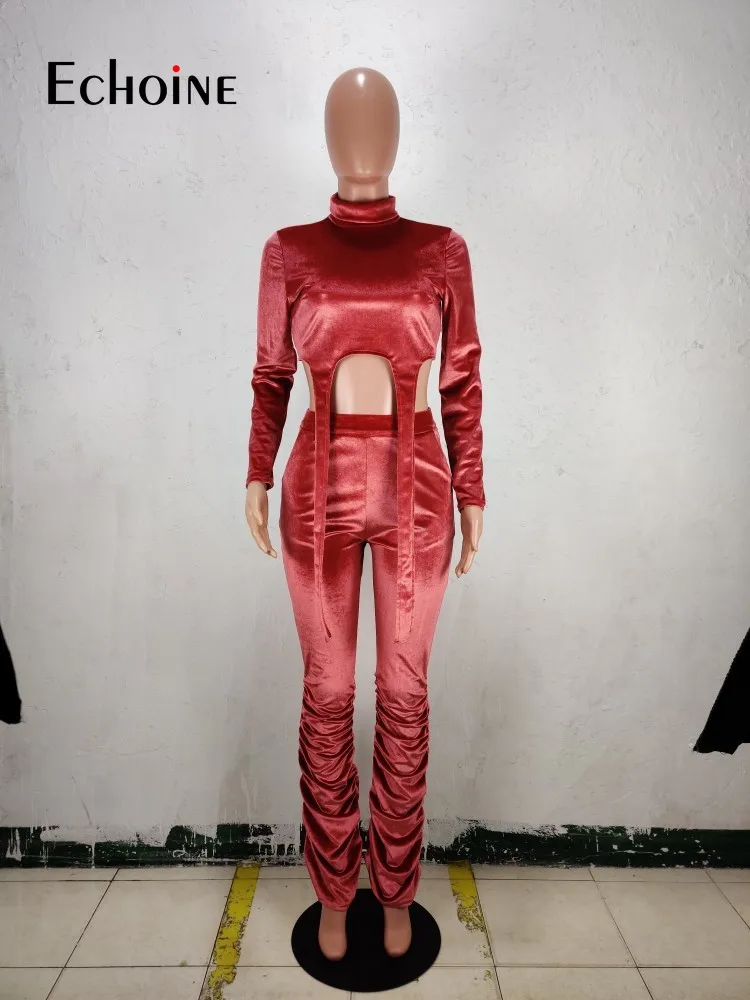 

Echoine Women Autumn Velvet Set Two Piece Set Crop Tops Stacked Ruched Pants Suit Fashion Tracksuit Matching Set Casual Outfit