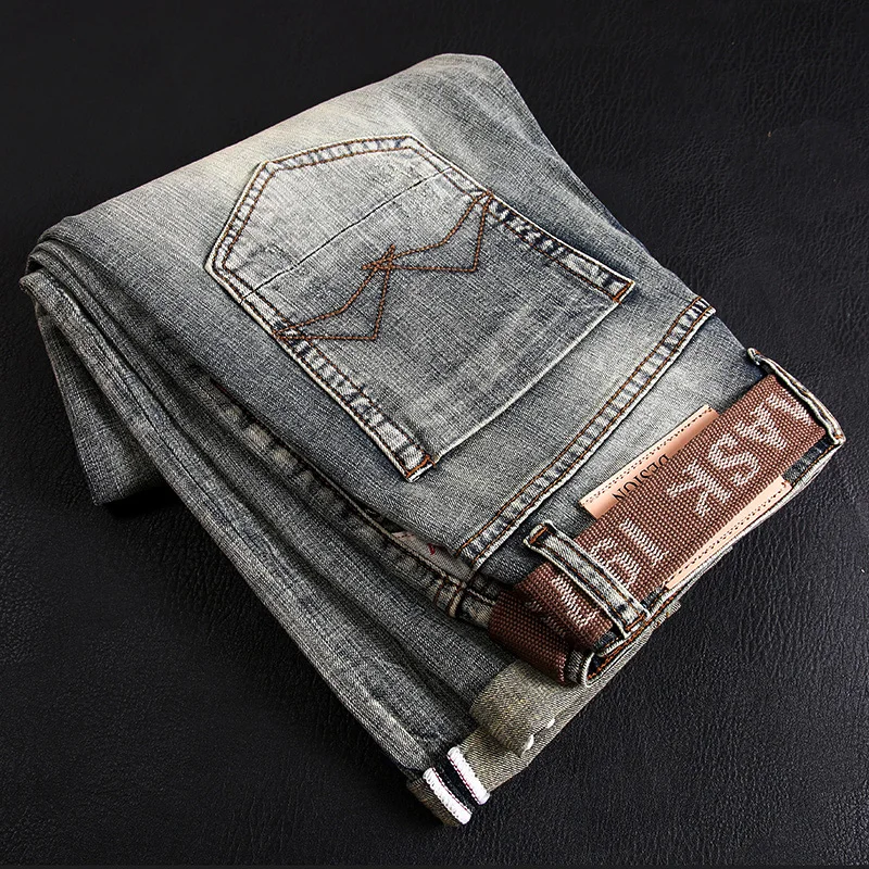 Korean Style Fashion Men Jeans Retro Distressed Elastic Slim Fit Ripped Jeans Men Vintage Designer Casual Denim Pencil Pants