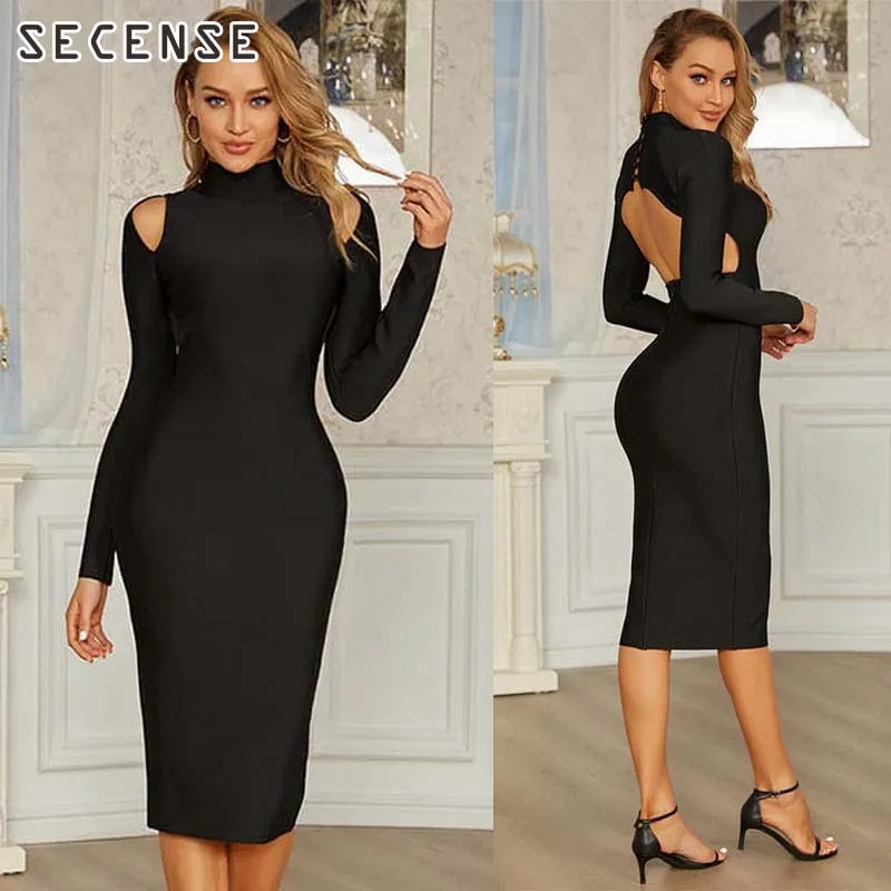 

Backless Dress For Lady Hollow Out Black White Midi Bangdage Dress Elegant Button Turtle Neck Fashion Women Clothing SECENSE