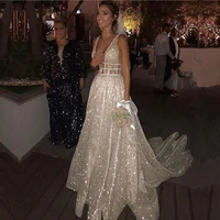 smileven a line wedding dresses sparkly white sequined backless boho glitter wedding bride gowns robe de soiree