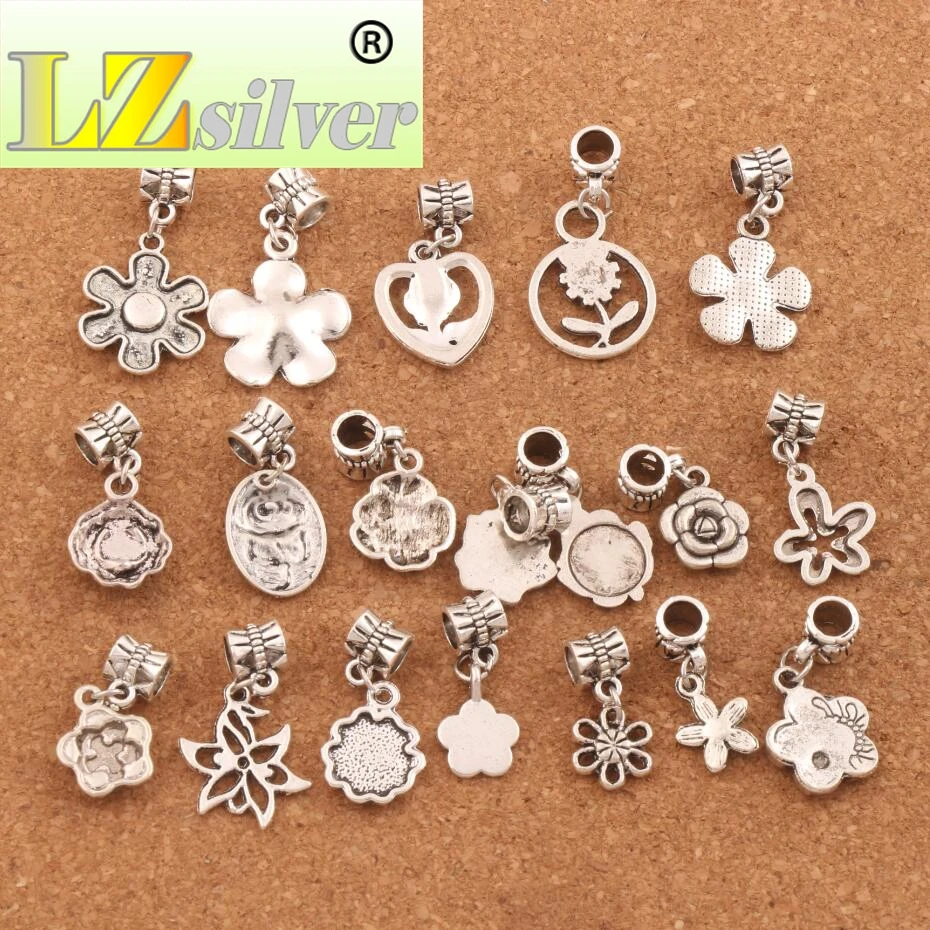 Flowers Dangle Alloy Big Hole Beads 190pcs Zinc Alloy Fit European Charm Bracelet Jewelry DIY BM55