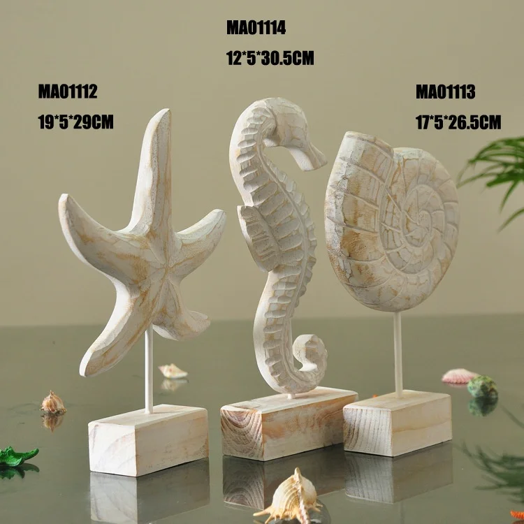 

Wood Starfish Conch Hippocampus Figurines Mediterranean Style Creative Marine Ornaments Wooden Carving Home Decor Crafts Gifts