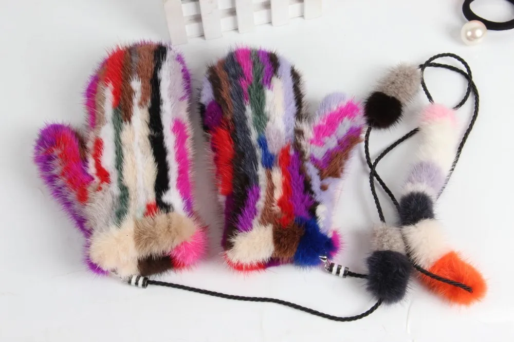 Mink Fur Orange Gloves Women Winter New Korean Version Of The Warm Cute Female Suede Weaving Fingers Fur Gloves