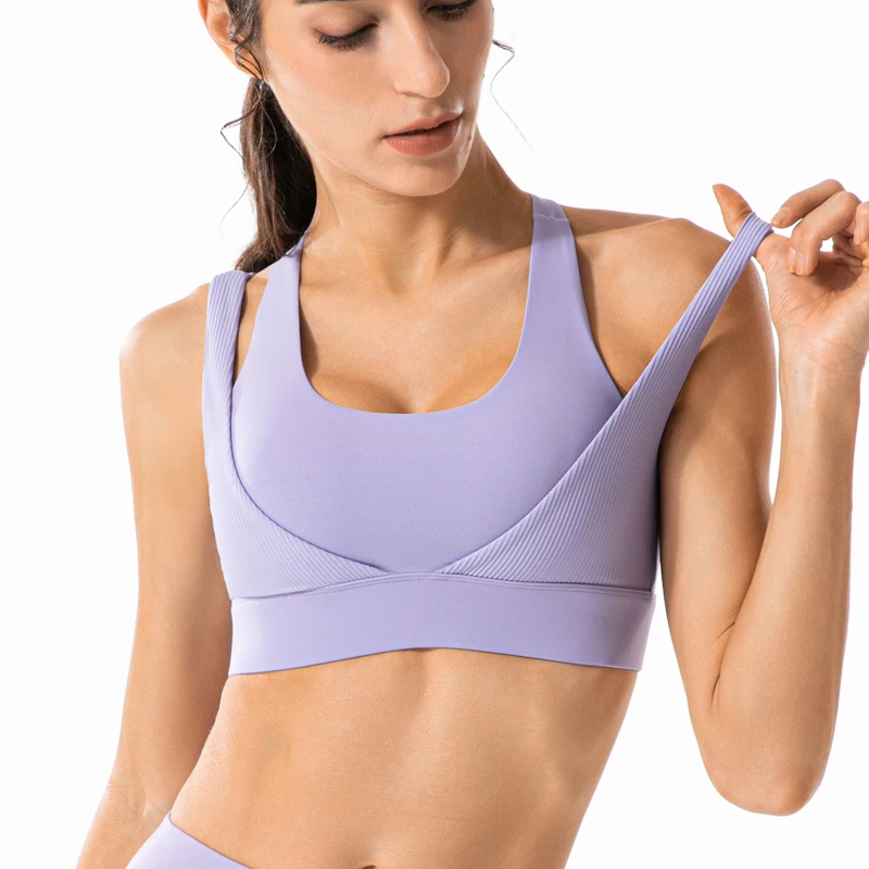 

Women High Impact Gym Bras Solid Color Ribbed Fabric Stretchy Sports Underwear Workout Running Crop Tops With Chest Pads