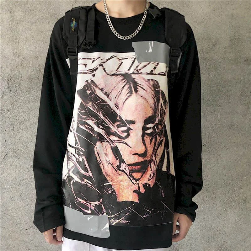 

Men Shirt Graphic T Shirts Long-sleeved Hip Hop Autumn Korean Trend Dark High Street Old Cartoon Loose Female Student Top Tide