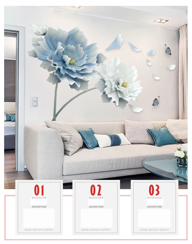 Large White Blue Flowers Lotus Butterfly Removable Wall Stickers 3D Wall Art Decals Mural Art for Living Room Bedroom Decor