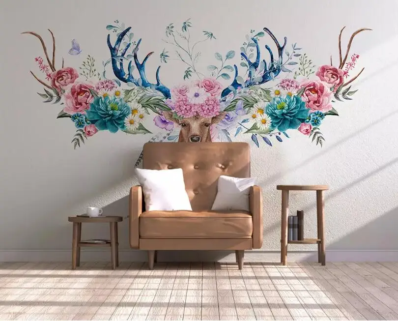 

Настенные 3d обои Bacal на заказ, современный минималистичный скандинавский цветок, голова оленя, цветочный фон, настенные бумаги для спальни, ...