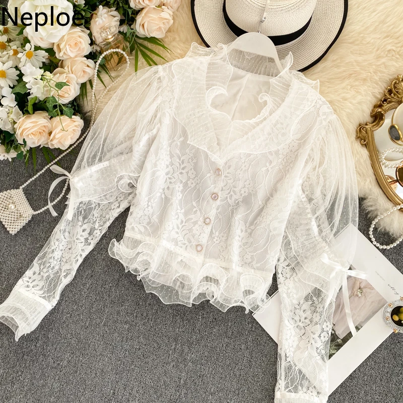 Женская блузка с рюшами Neploe Элегантная v образным вырезом и длинными рукавами на