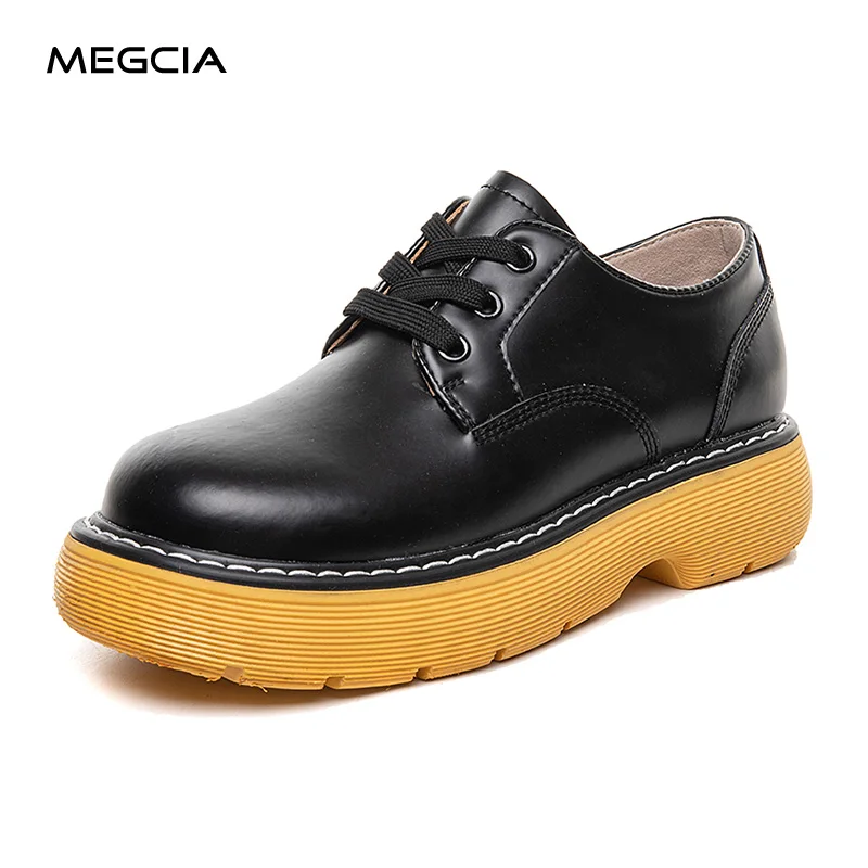 

Женские Кожаные Туфли-оксфорды MEGCIA, черные повседневные туфли на плоской платформе, со шнуровкой, модель F04M на весну 2021