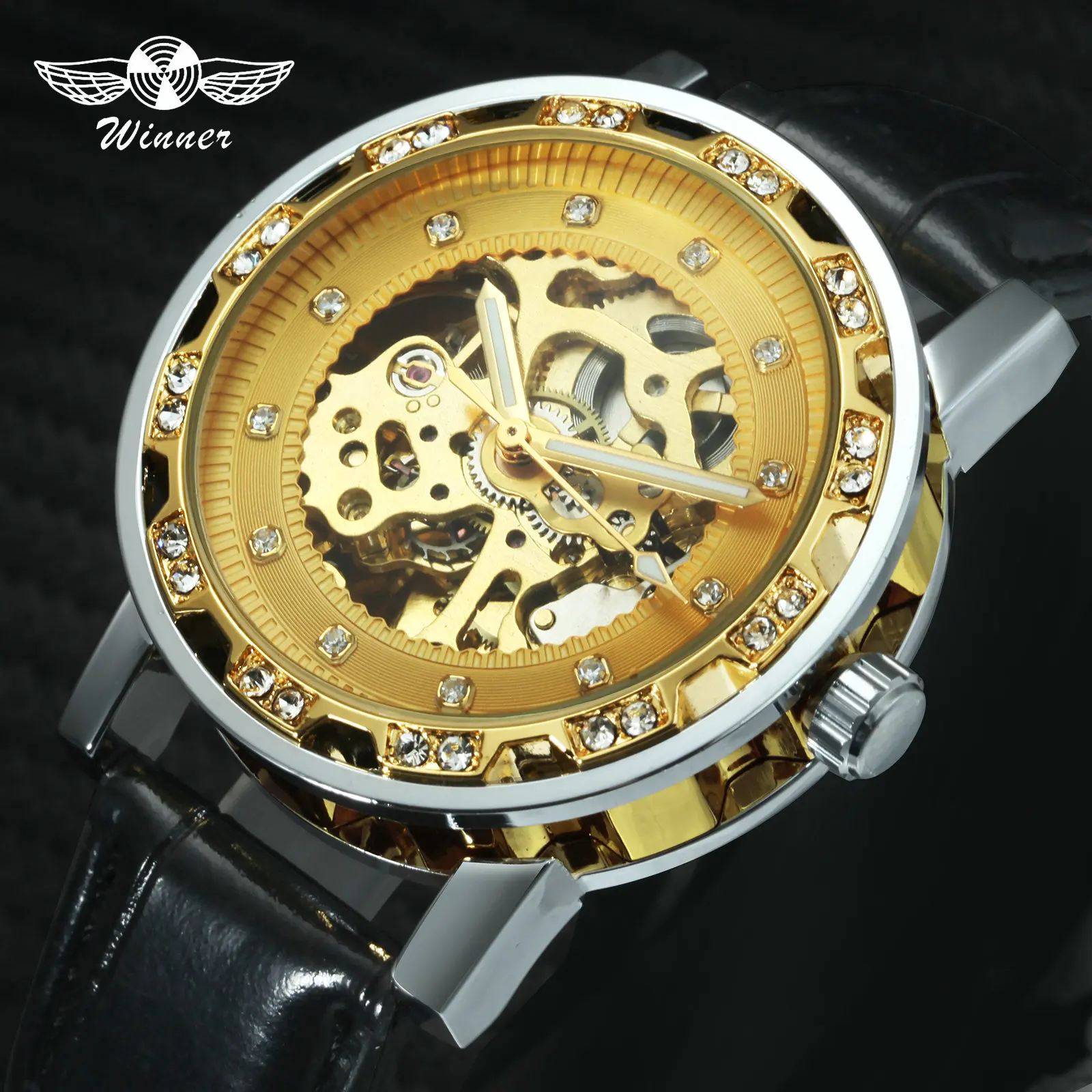 Победитель элегантные часы для женщин Авто Механический кожаный ремешок Скелет