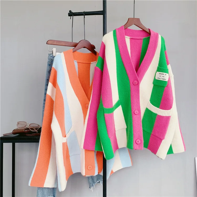 New Korean Autumn and Winter Loose Sweater Cardigan Hot INS Contrast Color Vertical Stripe Sweater Coat