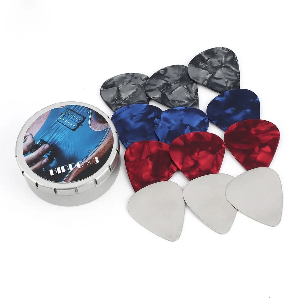 

NAOMI 9pcs 1.5/1.2/0.96mm Celluloid Acoustic Guitar Picks+3pcs 0.3mm Metal Electric Picks Set Metal Box Guitar Parts Accessories