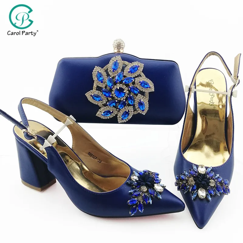 

Italian Design Newest Nigerian Women Shoes and Bag Set Decorated With Rhinestone and Appliques in Royal Blue Color for Party