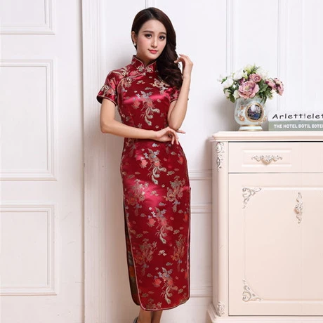 Женское платье-Чонсам с коротким рукавом в винтажном стиле красное трикотажное