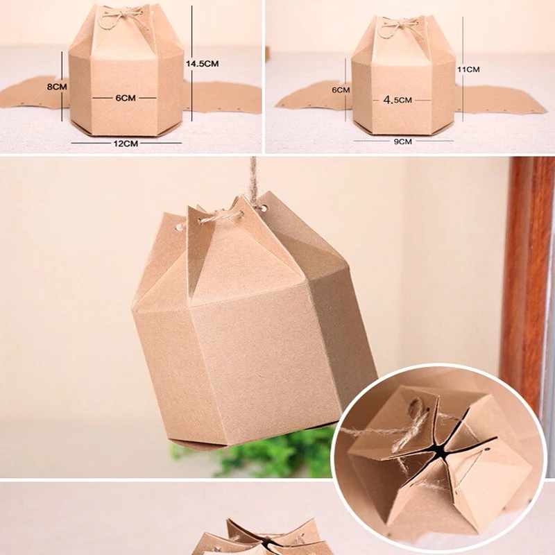 9x11cm 5Pcs Small Kraft Packaging Hexagonal Paper Gift Box Vintage Cardboard Cookie Tea Packing With Rope | Дом и сад