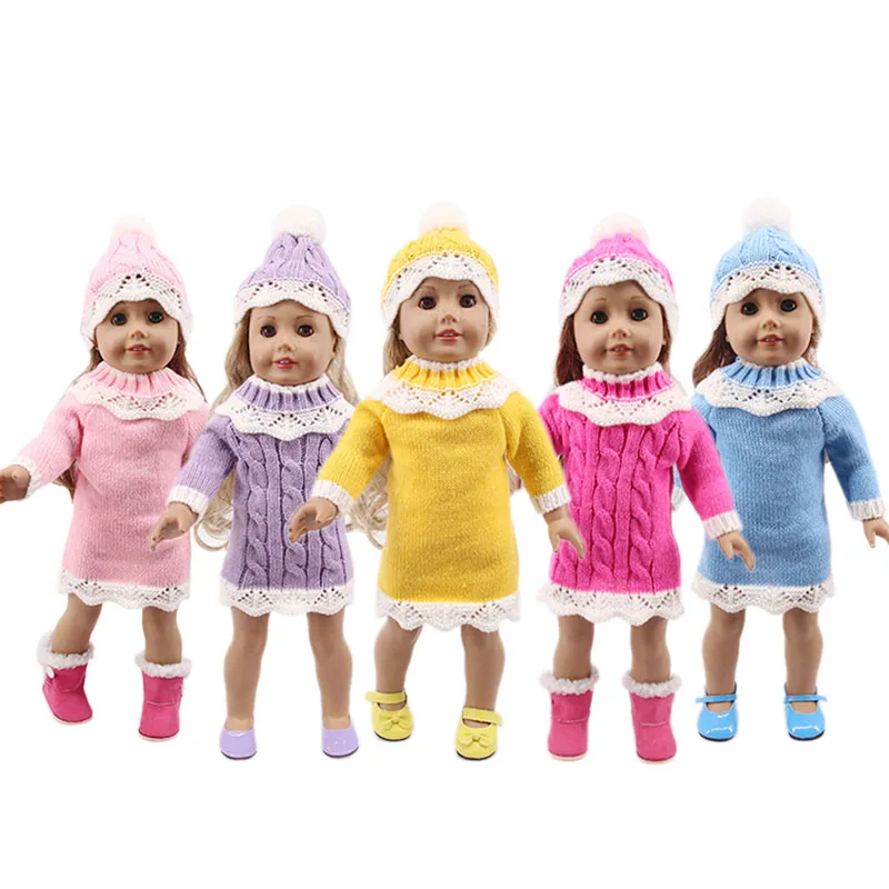 Одежда для кукол свитер шапка/вязаное пальто на пуговицах + облегающее платье 18