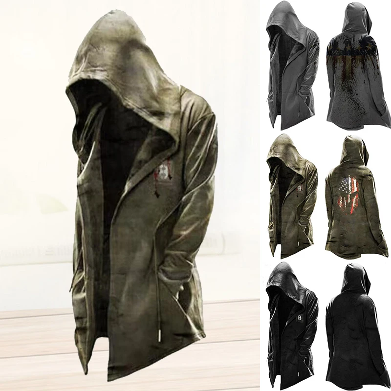 

Hot Sale Trendy Hooded Men's Trench Coat Halloween Theme Printed for Cospaly Costumes Party Prop Holiday DIY Decorations Event