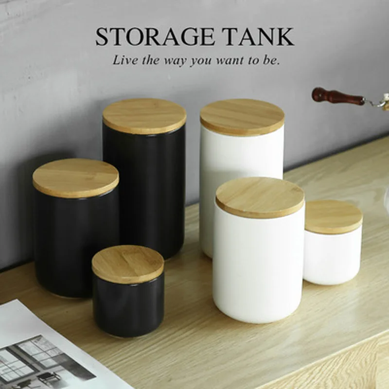 

Nordic Ceramic Seal Jar Storage Bottle with Wood Lid Kitchen Food Coffee Bean Seasoning Jar Desktop Decoration Cereal Container