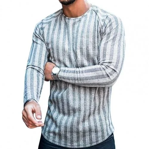 

T-shirt Long Sleeve Slim Top Cotton Blend Men Stripe Plaid Print Pullover for Autumn Men clothing