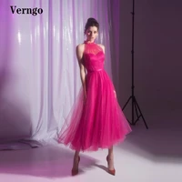 verngo modest fuchsia tulle a line prom dresses high neck ribbon sash tea length evening formal party gowns homecoming dress