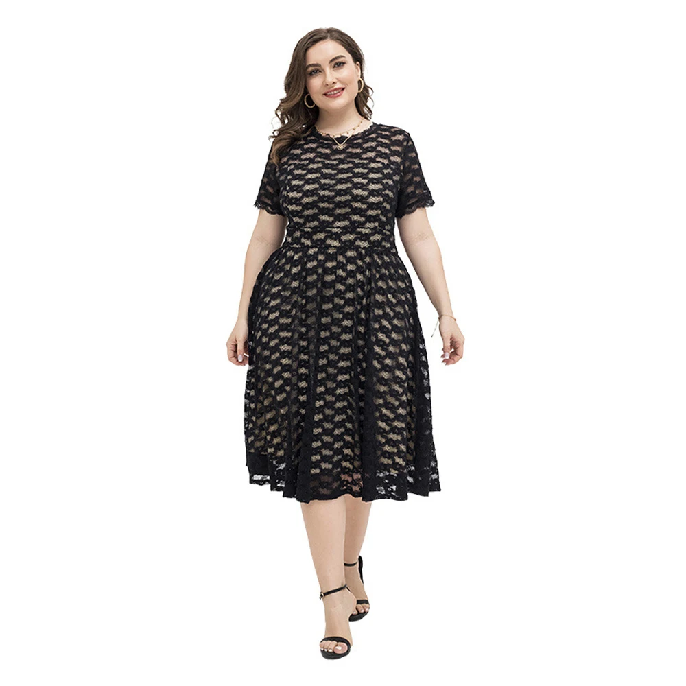 

Plus Size Elegant Stylish Women's Clothing Lace Party Short Ladies Midi Dress Female Skirt Black Patchwork Loose Fit 2021 New V