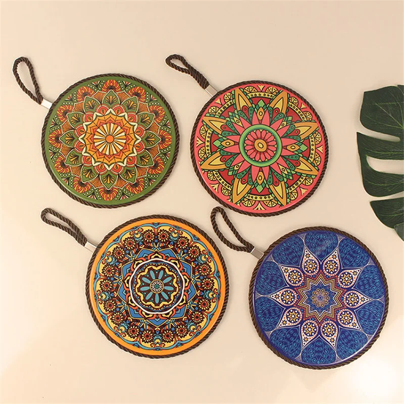 

2021 New Ceramic cork non-slip coaster retro bohemian pattern coffee tea coaster heat insulation anti-scalding pot and bowl mat