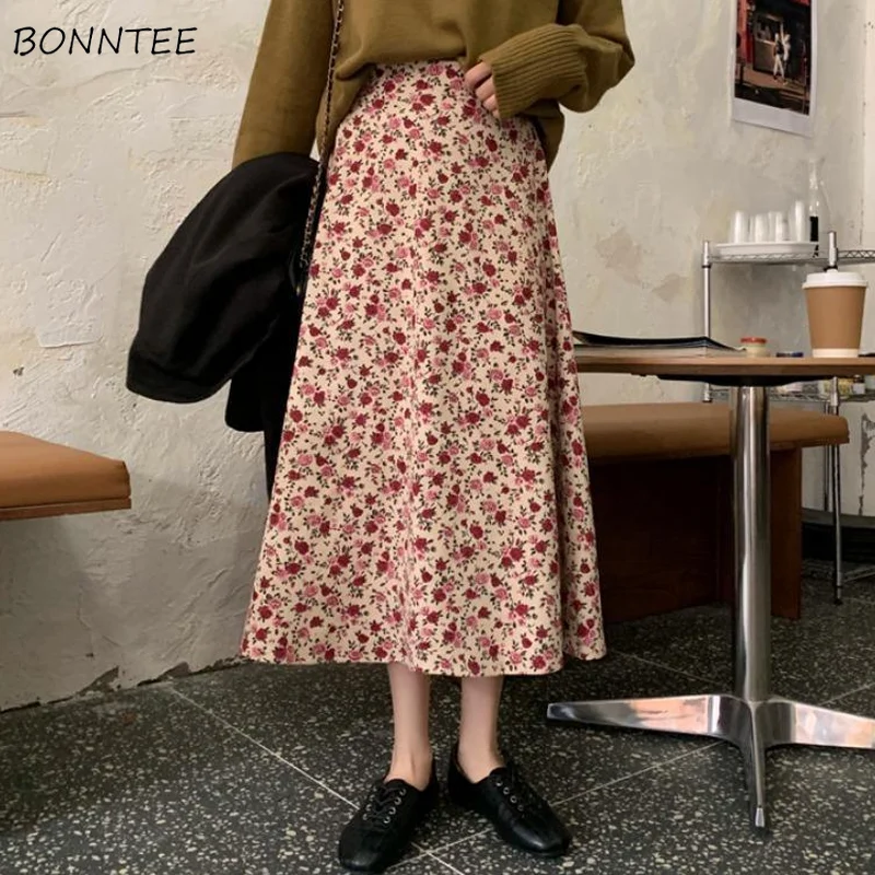 

Skirts Women Floral Empire Corduroy Sweet Casual Students New Korean Style Colorful Retro Autumn Streetwear Lady All-match Chic