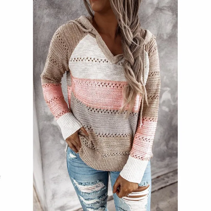 

Осенне-зимний свитер, толстовки со вставками, свитшот, пуловеры с вырезами, джемперы с длинным рукавом, оверсайз топ с V-образным вырезом, женская одежда